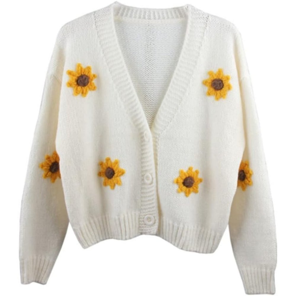 Women's Strawberry Print Button Down Long Sleeve V Neck Crop Cardigan Sweater